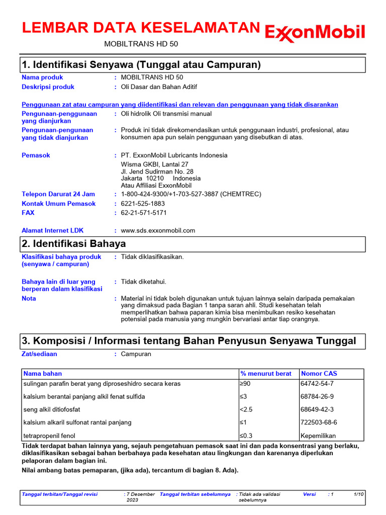 Msds Mobil Trans Hd 50 | PDF