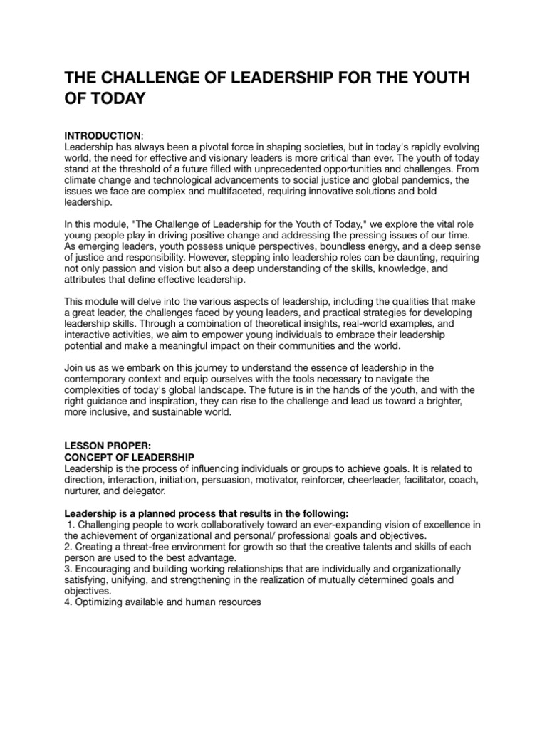 The Challenge of Leadership For The Youth of Today | PDF | Leadership ...