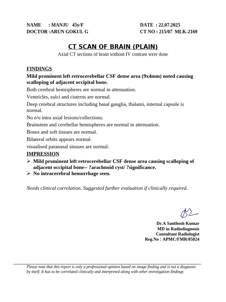 CT Brain Scan Report: Arachnoid Cyst? | PDF