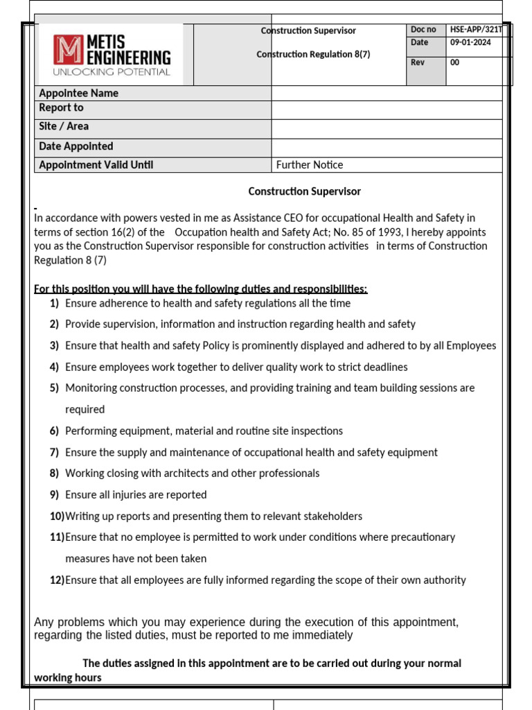 Construction Supervisor Appointment 8(7) | PDF