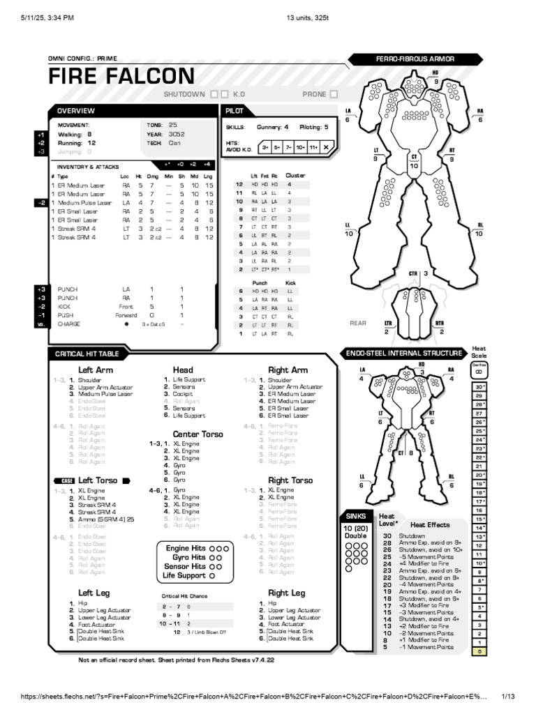 BattleTech Record Sheets (Flechs) : Fire Falcon | PDF