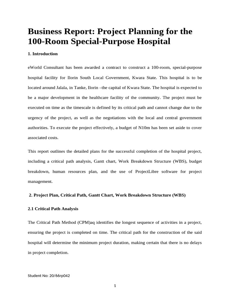 Hospital Project Planning Report | PDF | Project Management | Projects