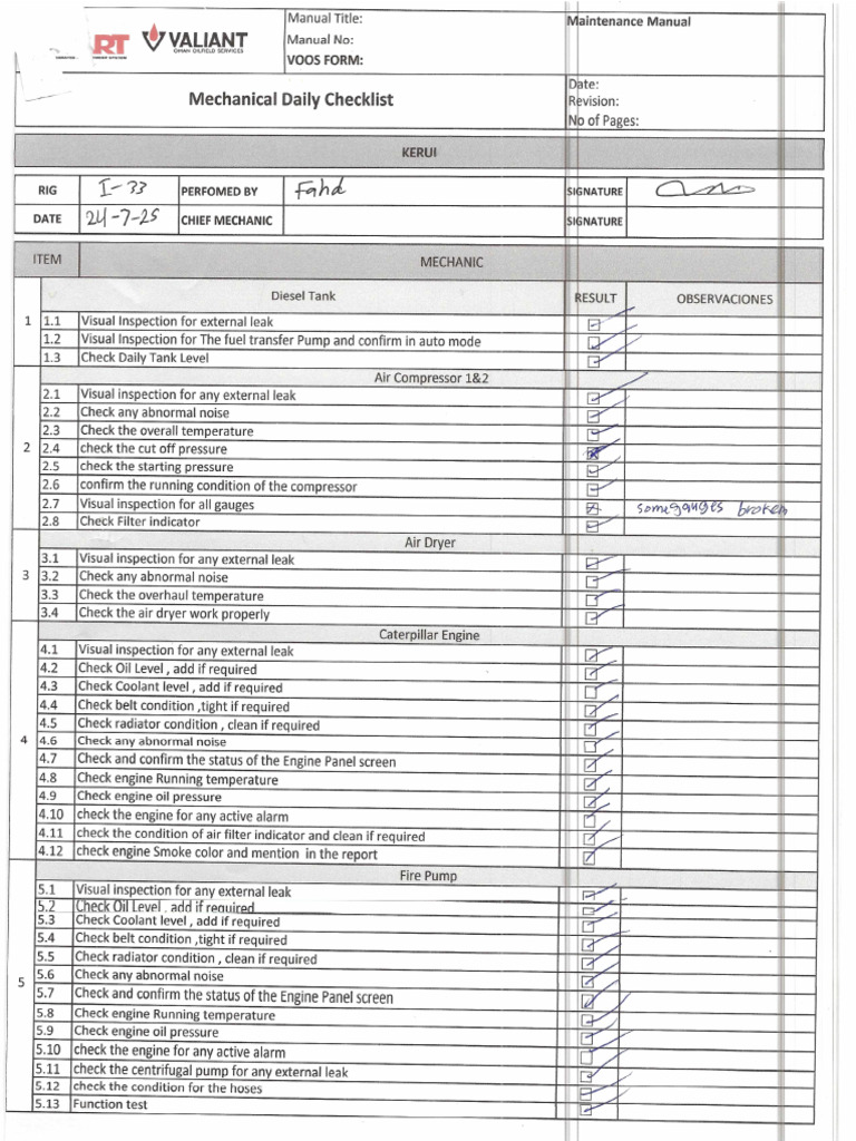Mechanic Daily Checklist 24.07.2025 | PDF