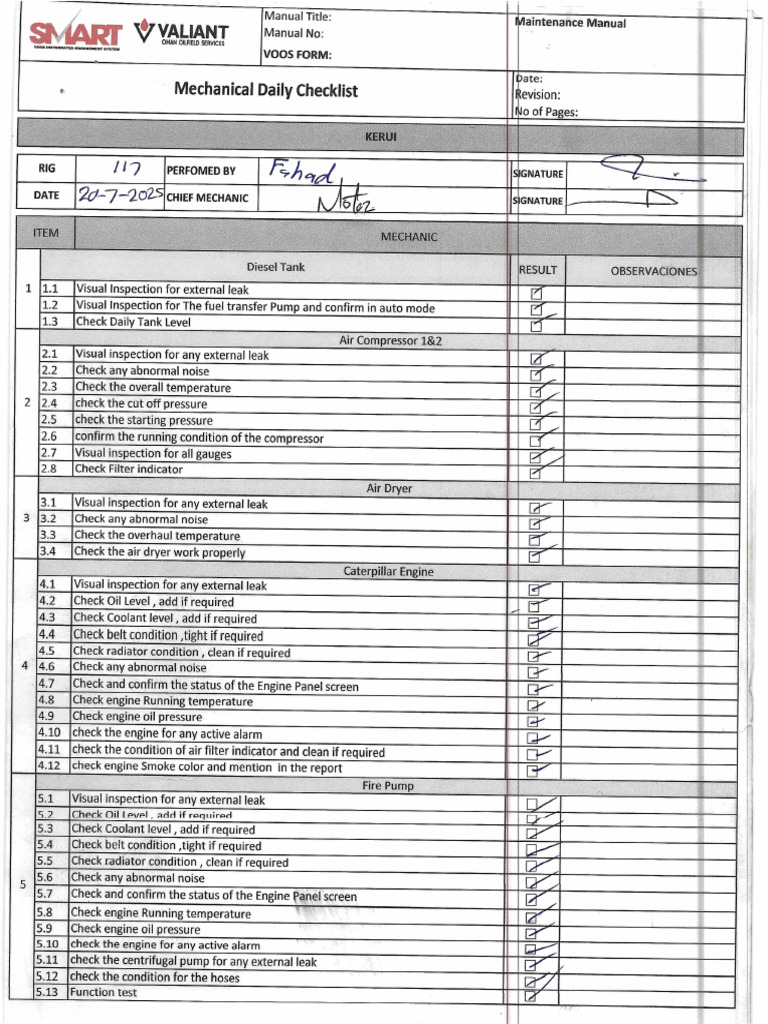 Mechanic Daily Checklist 20.07.2025 | PDF