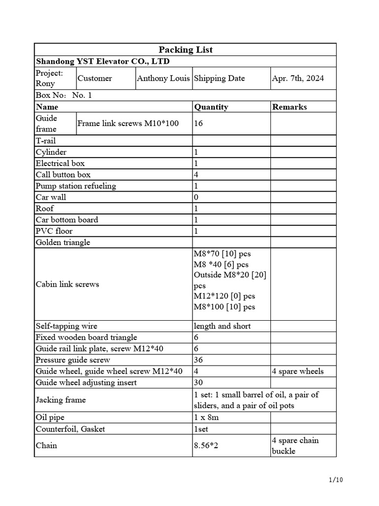 Detailed Packing List-1 | PDF | Screw | Elevator