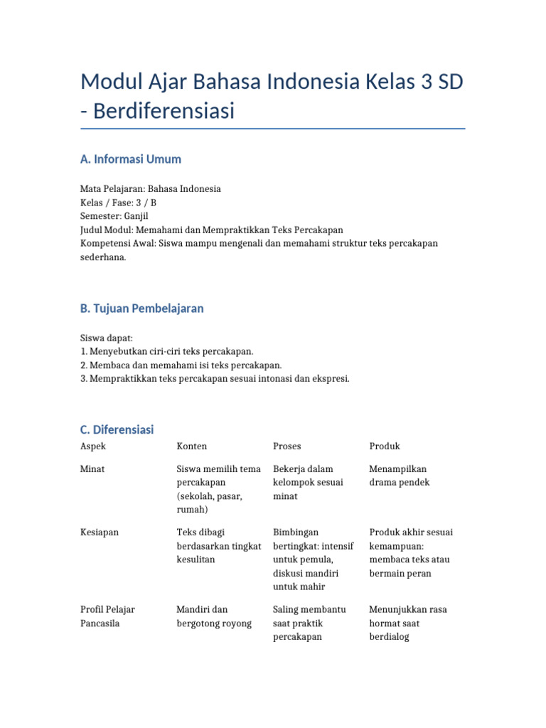 Modul Ajar Bahasa Indonesia Kelas 3 Berdiferensiasi | PDF