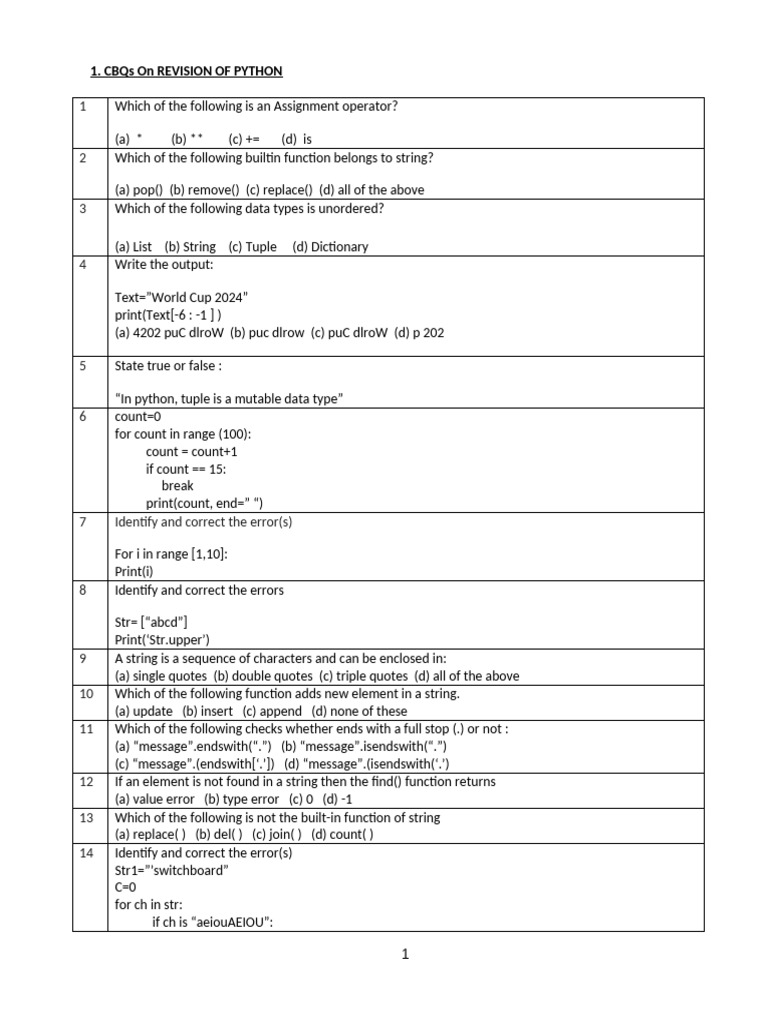 CBQ On Revision of Python by ANAND KUMAR | PDF | String (Computer ...