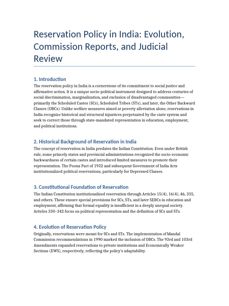 India's Evolving Reservation Policy Overview | PDF | Government Of ...