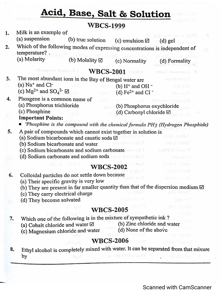 Acid, Base, Salt, Solution - Sample Question | PDF