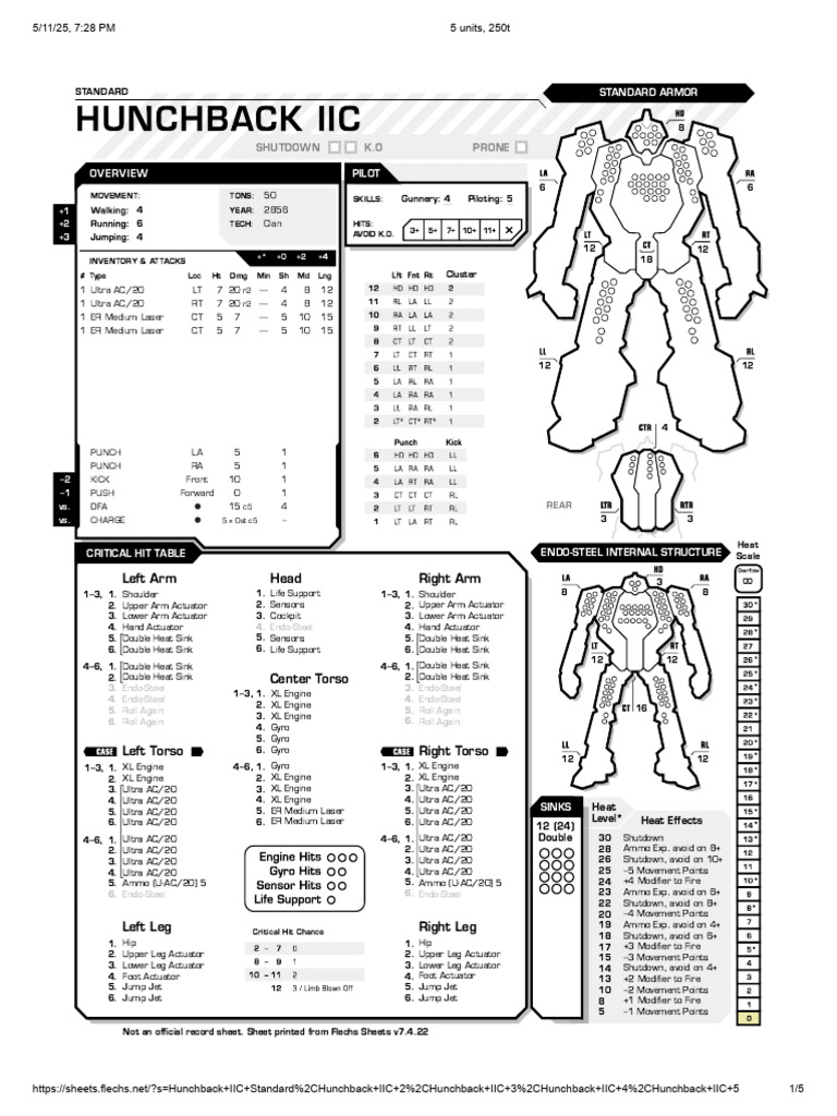 BattleTech Record Sheets (Flechs) : Hunchback IIC | PDF