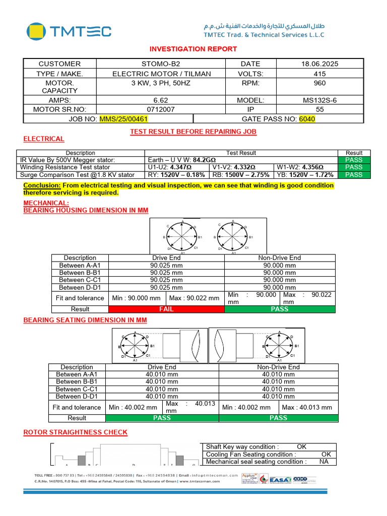 Electric Motor Inspection Report | PDF | Manufactured Goods | Electricity
