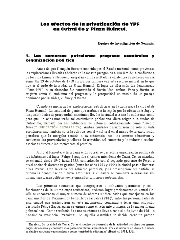 Impacto de la privatización de YPF en Cutral Co | PDF | Finanzas y ...