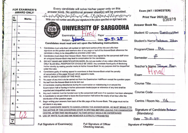 Final Sample Answer Sheet | PDF