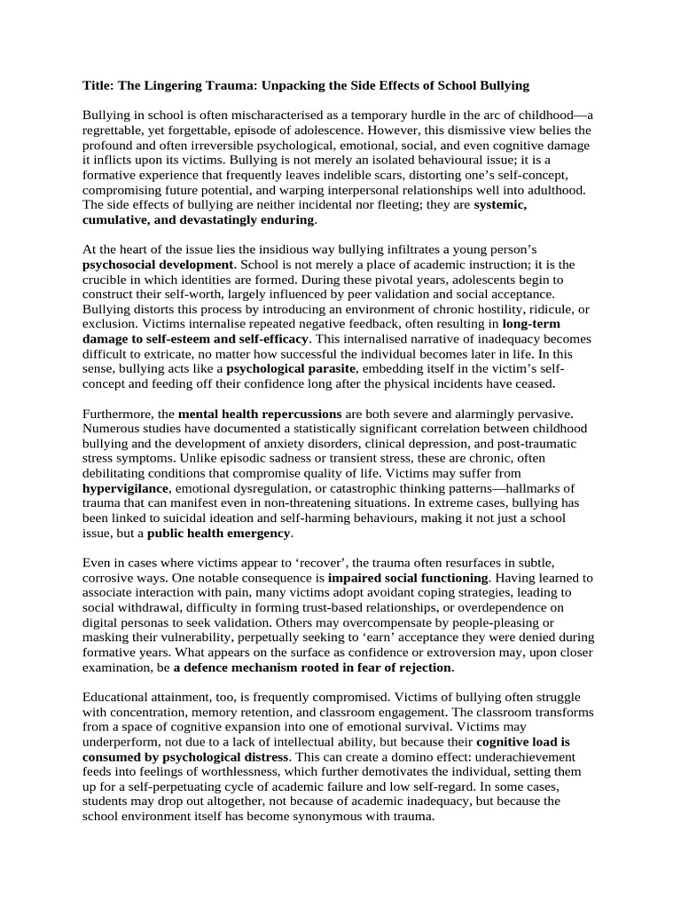Lasting Effects of School Bullying | PDF | Psychological Trauma | Bullying