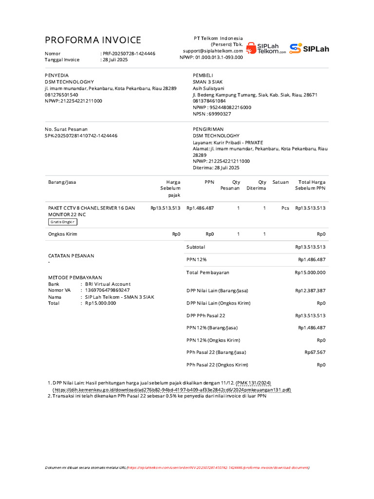 PROFORMA INVOICE INV-202507281410742-1424446 - SIPLah Telkom | PDF
