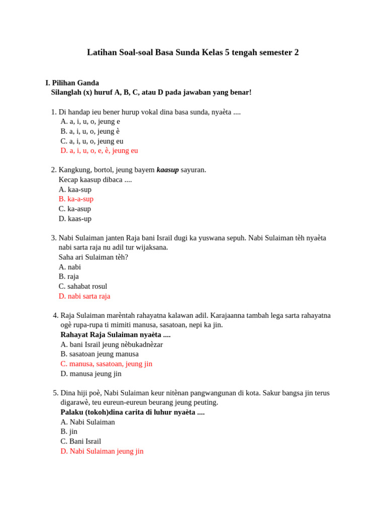 Latihan Soal-Soal Basa Sunda Kelas 5 Tengah Semester 2 | PDF