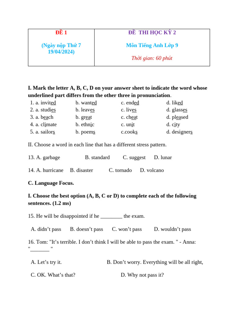 English Exam Paper for Grade 9 | PDF