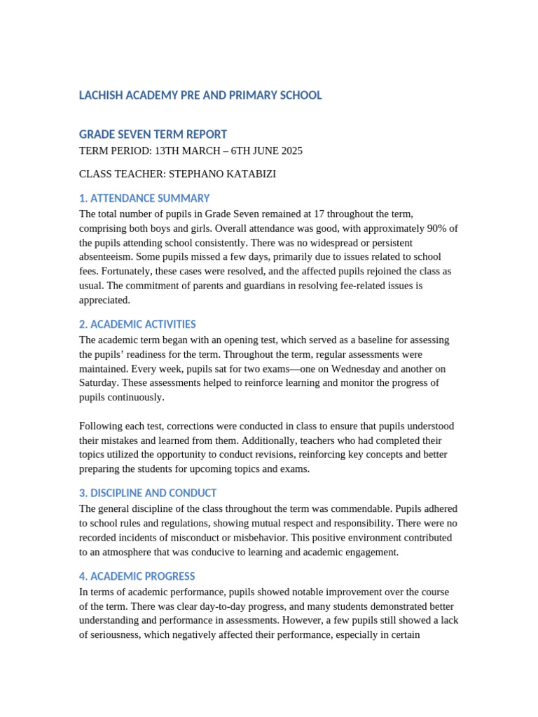 Grade Seven Term Report 2025 | PDF | Teachers | Intelligence