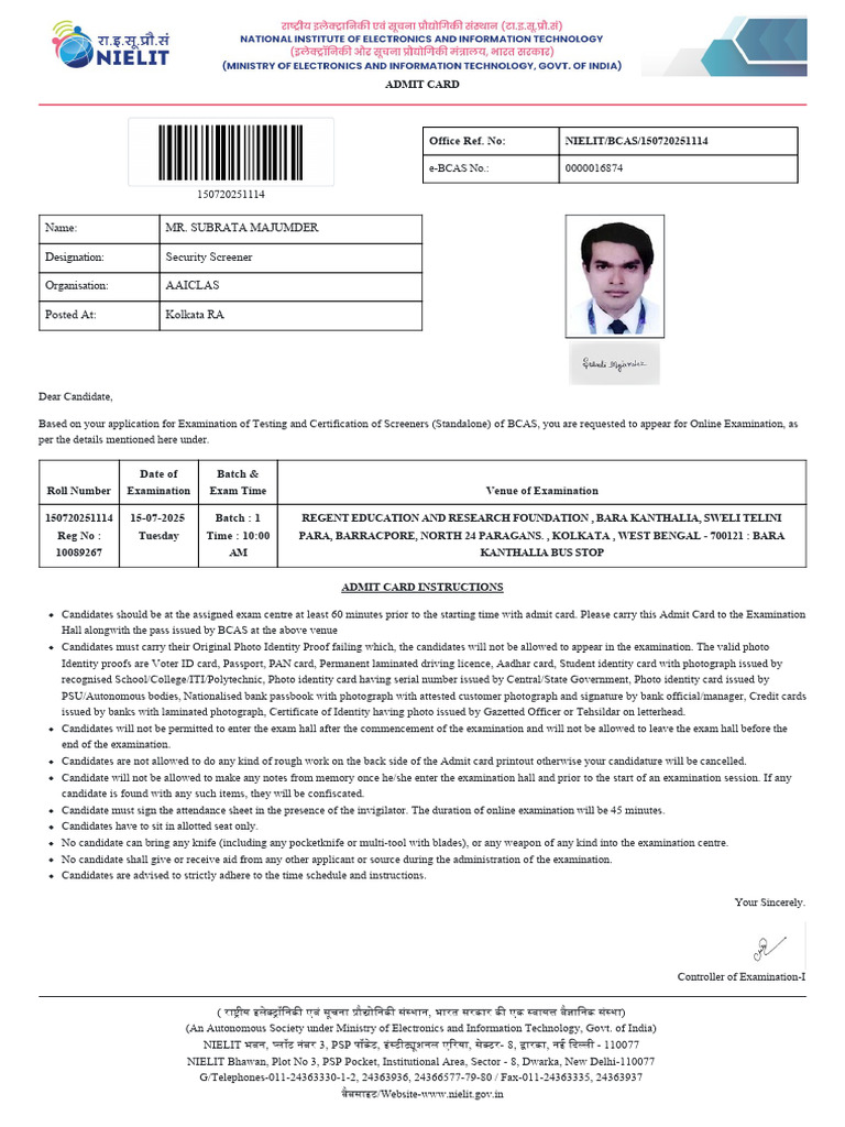 BCAS Online Exam Admit Card Details | PDF | Identity Document | Access ...
