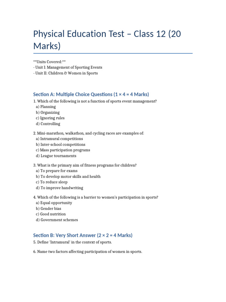 Class 12 Physical Education Test Guide | PDF