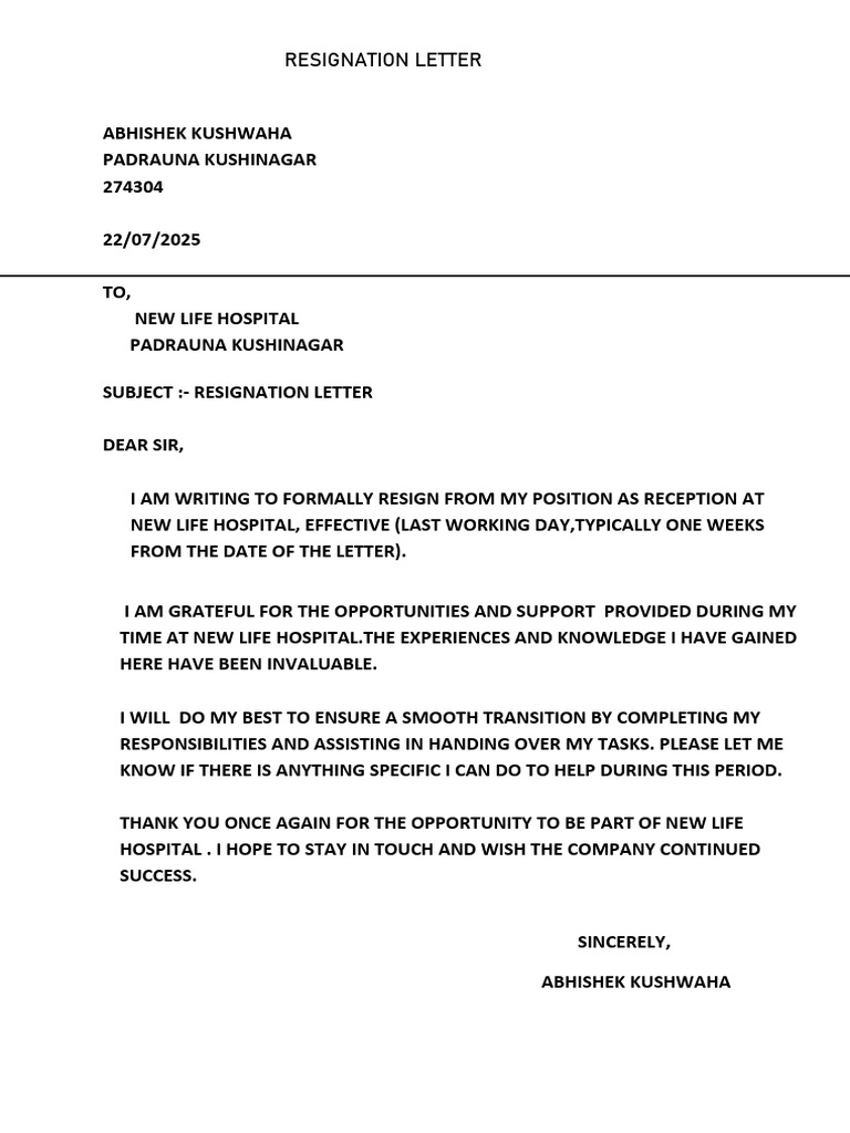Resignation Letter - Hospital Receptionist | PDF
