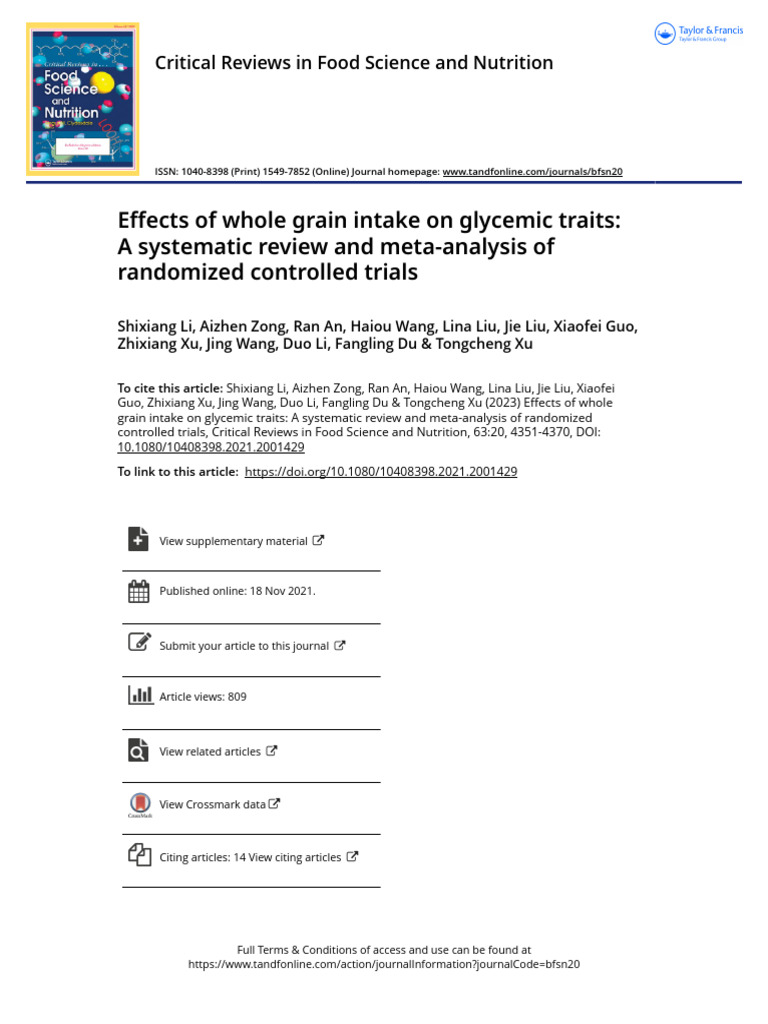 Effects of Whole Grain Intake on Glycemic Traits a Systematic Review ...