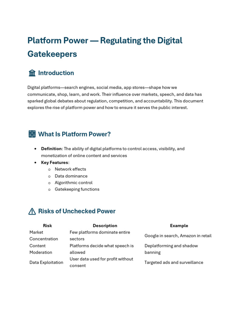 Platform Power - Regulating The Digital Gatekeepers | PDF | Public Sphere