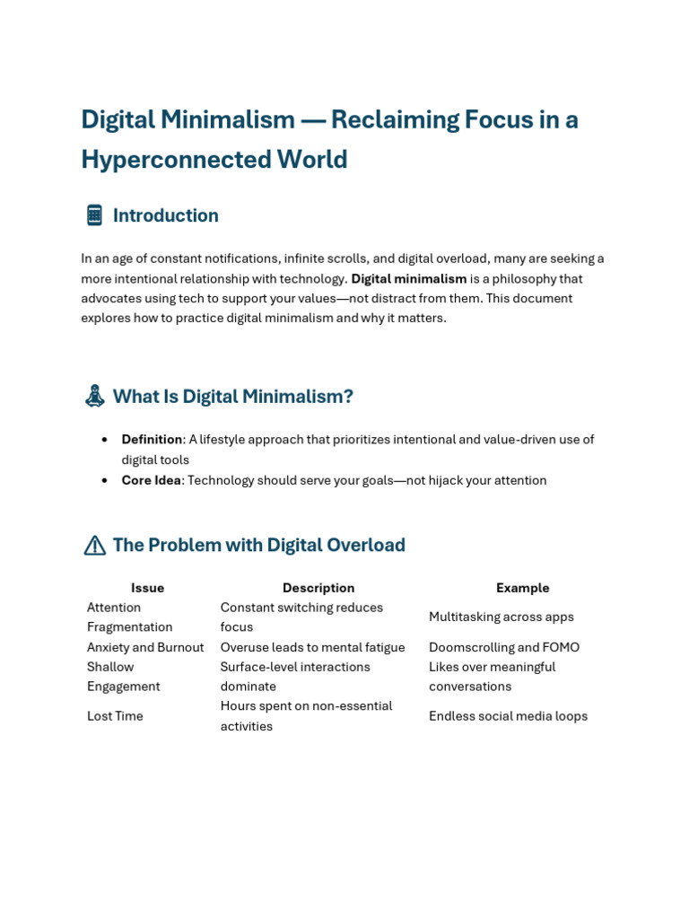 Digital Minimalism - Reclaiming Focus in A Hyperconnected World | PDF