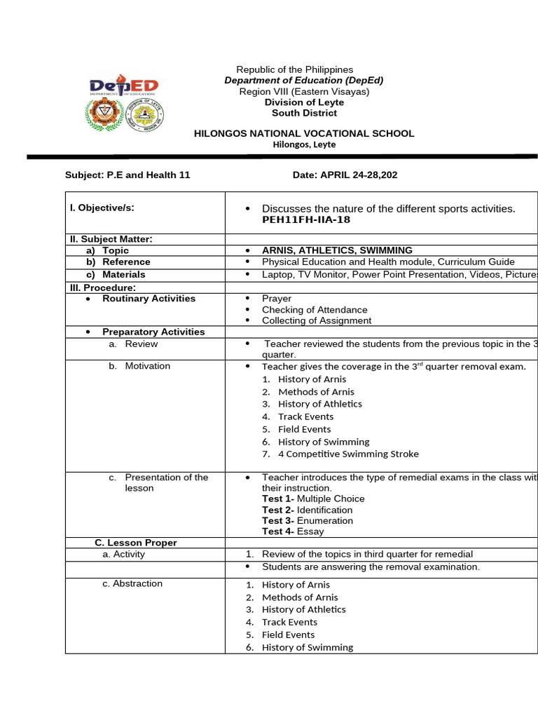 LP G-11 PE Week 1 April 24-28 | PDF