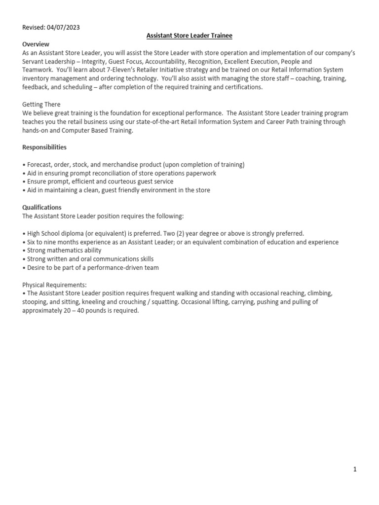 Assistant Store Leadership (Full JD) | PDF | Food Safety