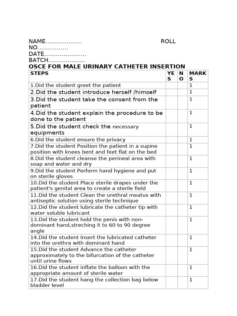 Male Urinary Catheter Insertion Checklist | PDF