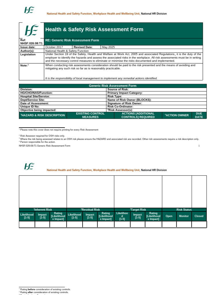 Generic Workplace Risk Assessment Form | PDF | Occupational Safety And ...