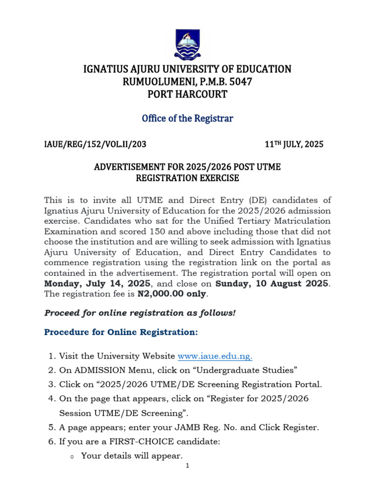 2025-2026-IAUE-ADVERTISEMENT-FOR-UTME-DE-SCREENING-REGISTRATION | PDF