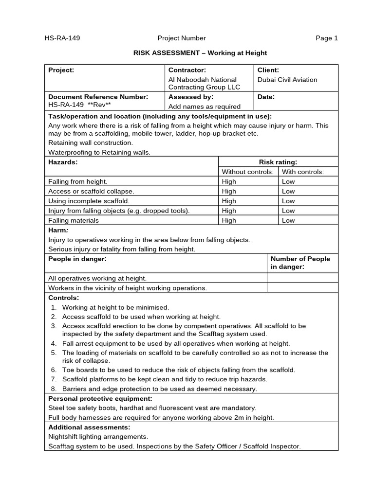 Risk Assessment for Working at Height | PDF | Occupational Safety And ...