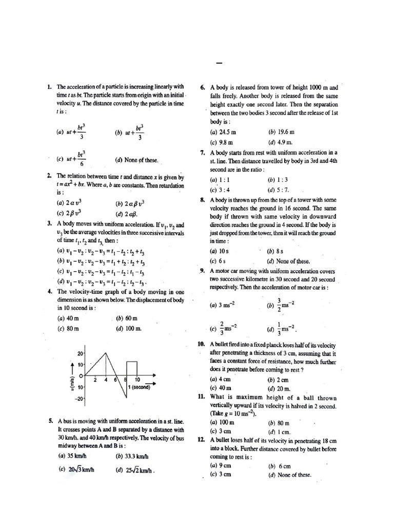 Physics Worksheet - 4 (Motion in One Dimension) | PDF