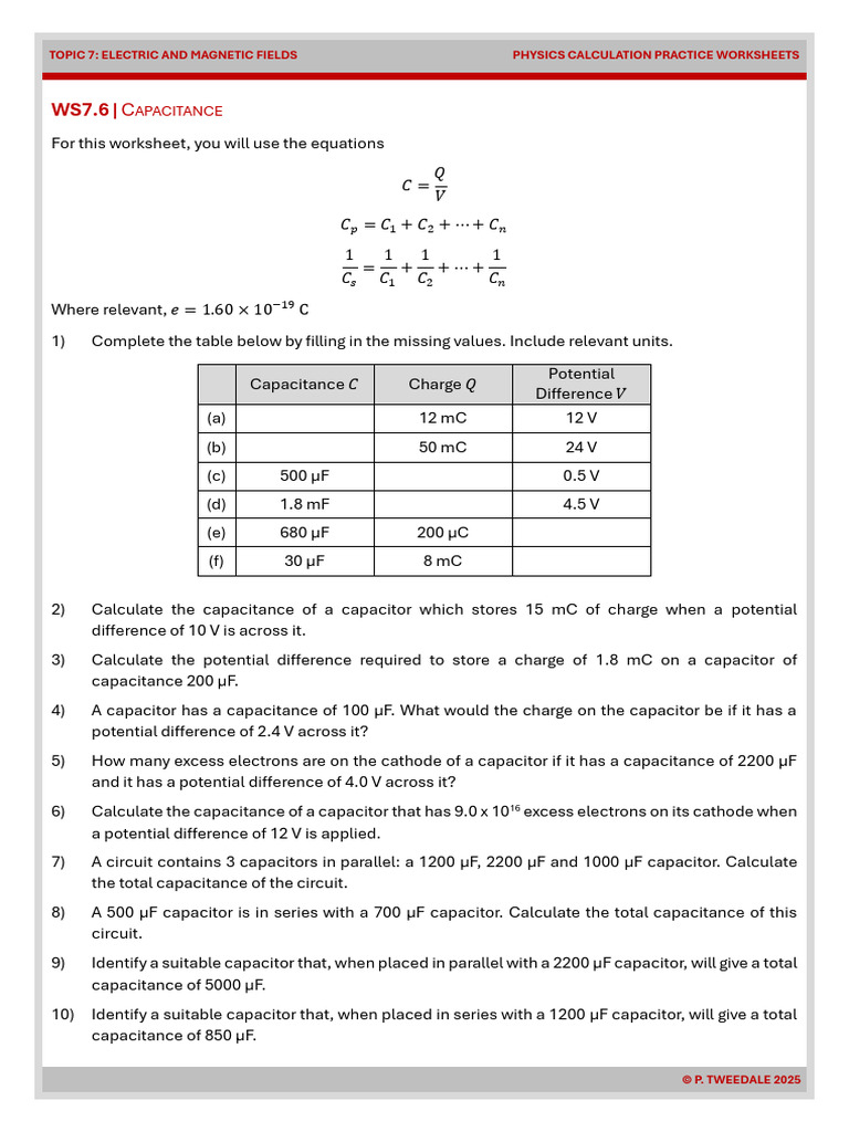 WS7.6 Capacitance Questions (PJT) | PDF | Capacitance | Capacitor