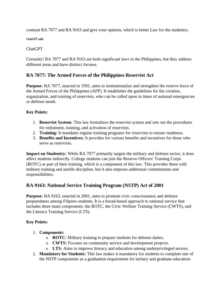 Comparing RA 7077 and RA 9163 for Students | PDF