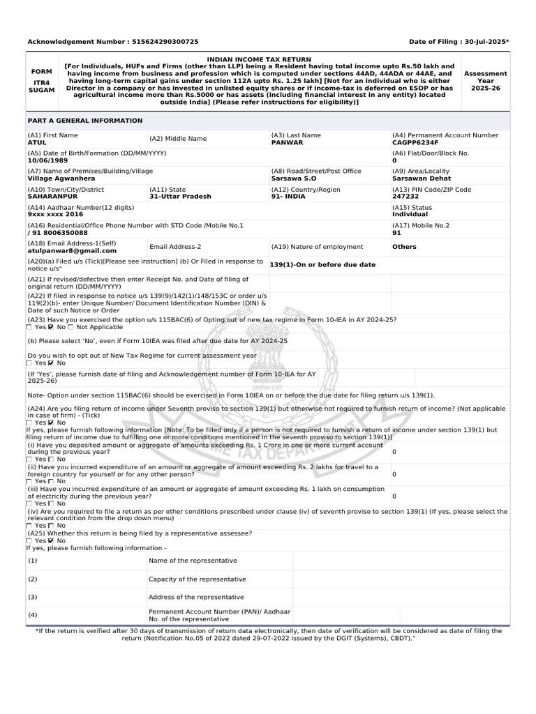 ITR4 Sugam Income Tax Return 2025-26 | PDF | Tax Deduction | Taxes