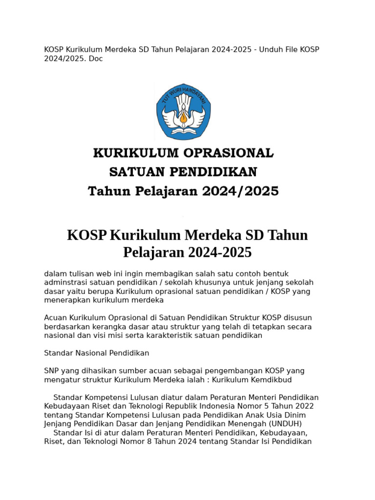 Contoh KOSP Kurikulum Merdeka SD 2024 | PDF