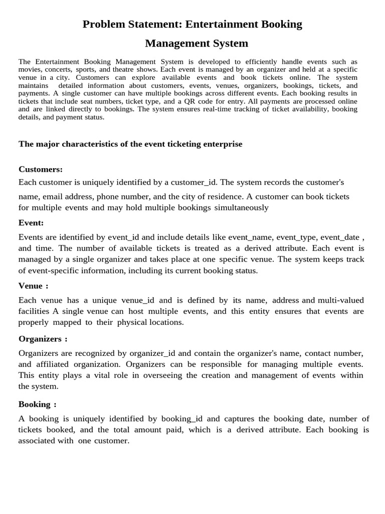 Problem Statement: Entertainment Booking Management System | PDF | Qr ...