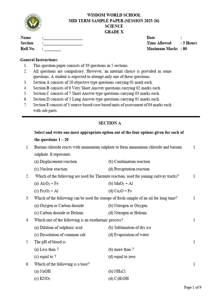 Class 10 Science Mid Term Sample Paper | PDF | Oxygen | Heart