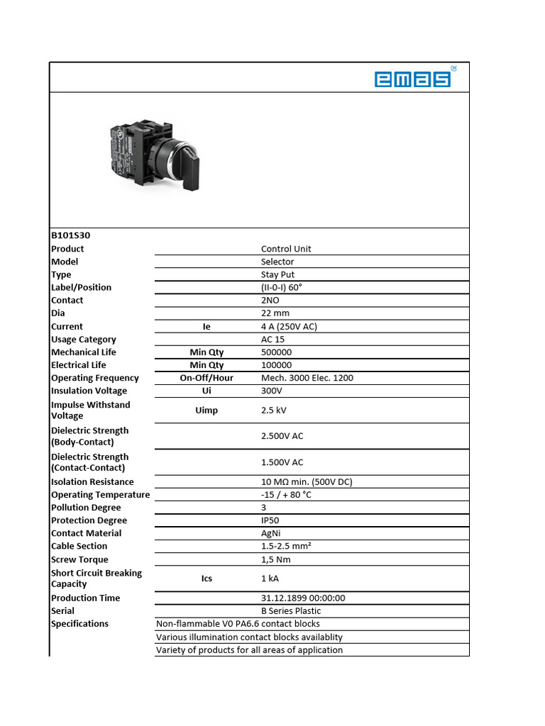 B101S30 Control Unit Specifications | PDF