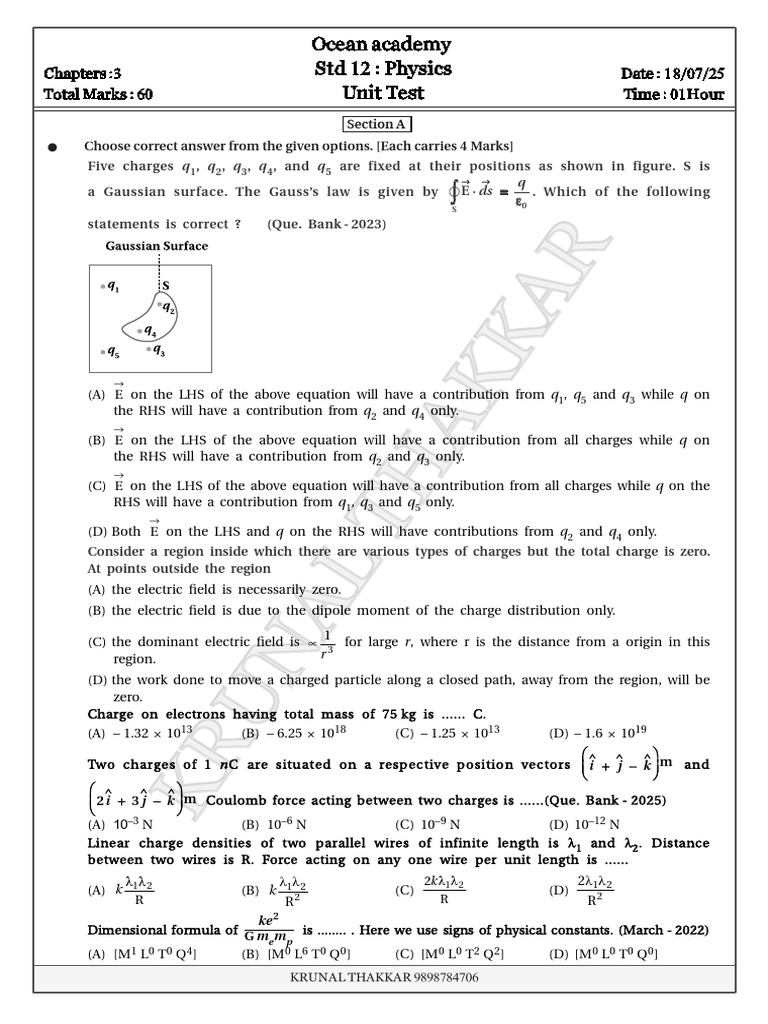 Physics Unit Test Questions for Std 12 | PDF | Electric Field | Dipole