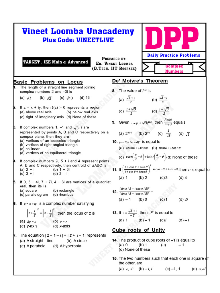 JEE Complex Numbers Practice Problems | PDF | Triangle | Complex Number