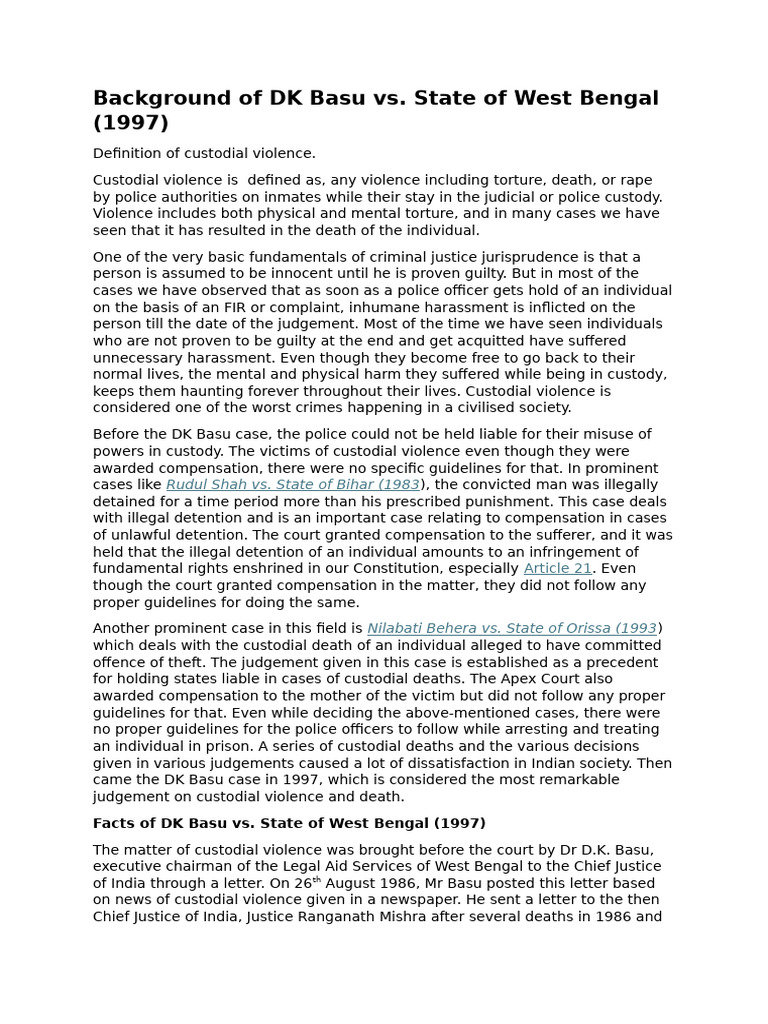 DK Basu Case: Custodial Violence Guidelines | PDF | Arrest | Violence