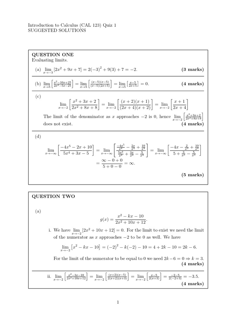 Calculus Quiz 1 Solutions | PDF | Mathematical Analysis | Calculus