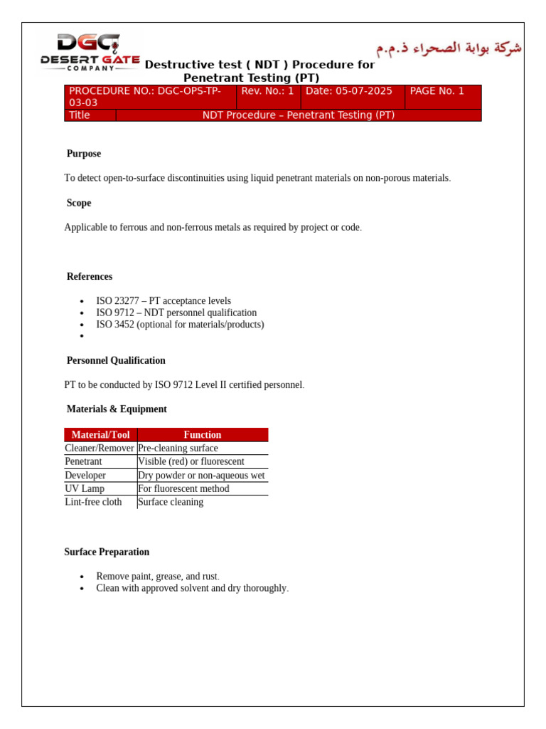 NDT Penetrant Testing Report Format | PDF | Nondestructive Testing ...