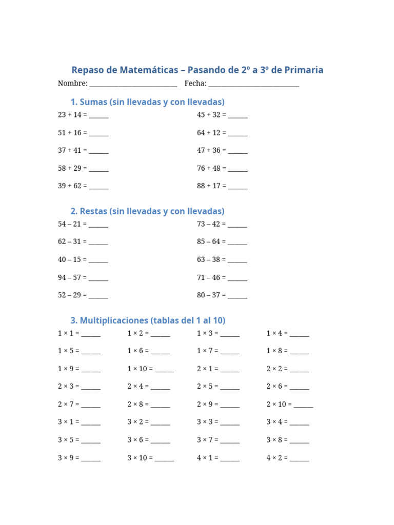 Repaso de Matemáticas 2º a 3º Primaria | PDF