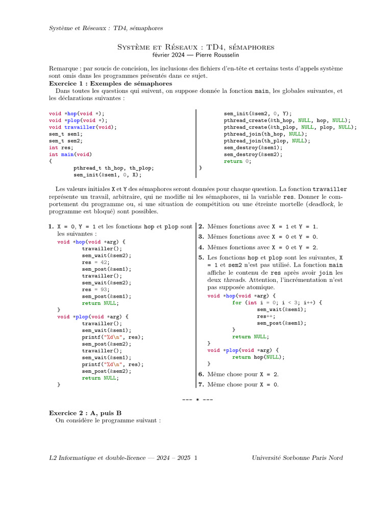 Sémaphores en C : Exemples et Deadlocks | PDF | Programmation ...