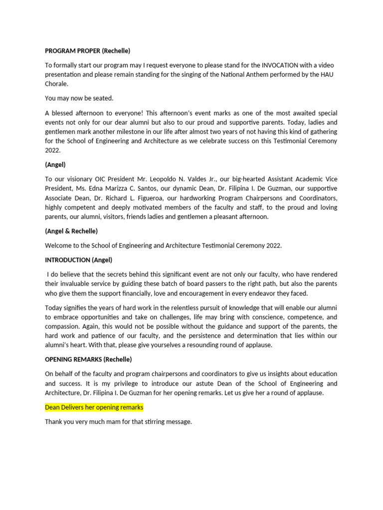 Testimonial Dinner Script 2022 | PDF